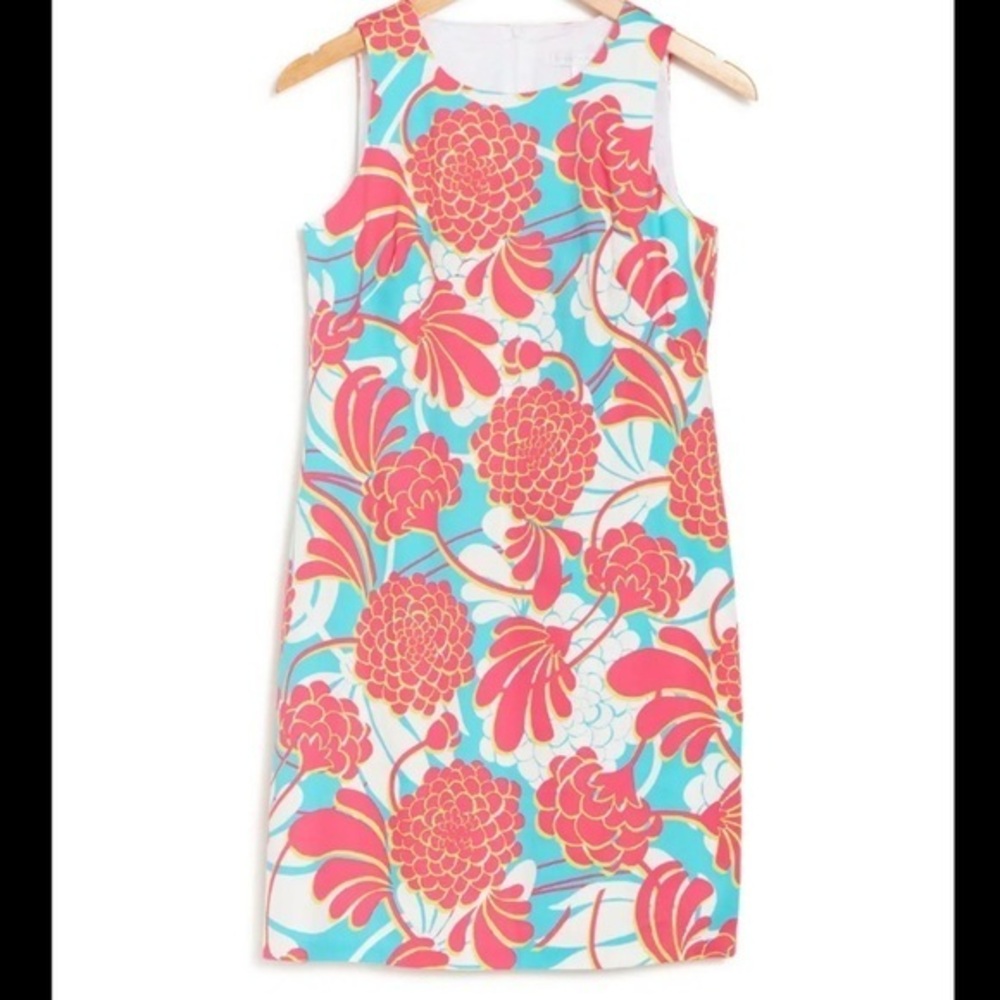 London Times aqua pink white tropical floral sleeveless sundress shift dress  4